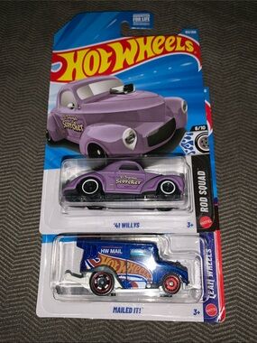Hot Wheels '41 Willys Purple Rod Squad and Mailed It mail truck